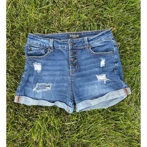 ENJEAN‎ Denim Co. Medium Wash Distressed Cuffed Button Fly Jean Shorts